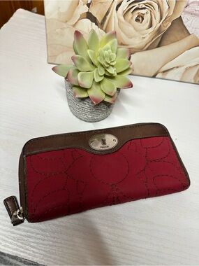 Fossil Red and Brown Zip Around Wallet with Floral Stitching